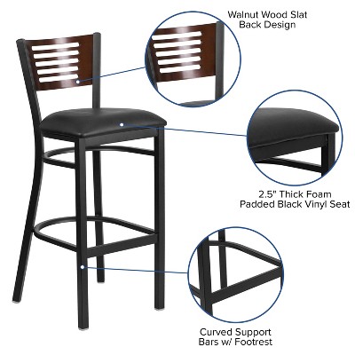Walnut Wood Back Black Vinyl Seat Metal Barstool