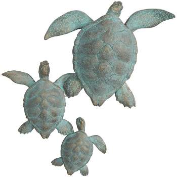 Olivia & May 13"x19" Polystone Turtle Distressed Patina Wall Decor with Gold Foil Accents Blue