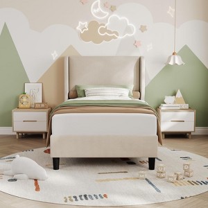 Twin Bed Frame with Adjustable Headboard, Velvet Upholstered Platform Bed with 12 Wood Slats Support, Sturdy Support Feet, Beige - 1 of 4