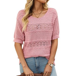 Coolmee Womens Summer Tops Casual Crewneck Half Sleeve Crochet Hollow Out Knit Pullover Sweater Shirts - 1 of 4