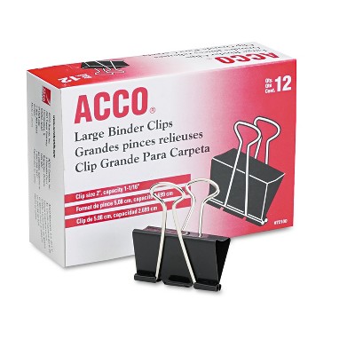 ACCO Large Binder Clips Steel Wire 1 1/16" Cap 2"w Black/Silver Dozen 72100