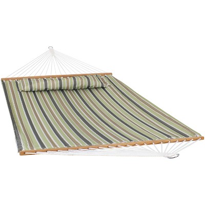 Sunnydaze 2-Person Quilted Printed Fabric Spreader Bar Hammock/Pillow with S Hooks and Hanging Chains - 450 lb Weight Capacity - Khaki Stripe