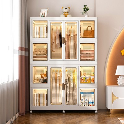 JUJABU White Portable Wardrobe Armoire Closet with 12 Magnetic Door, 12 Cubes, 2 Hanging Rods and 16 Hangers