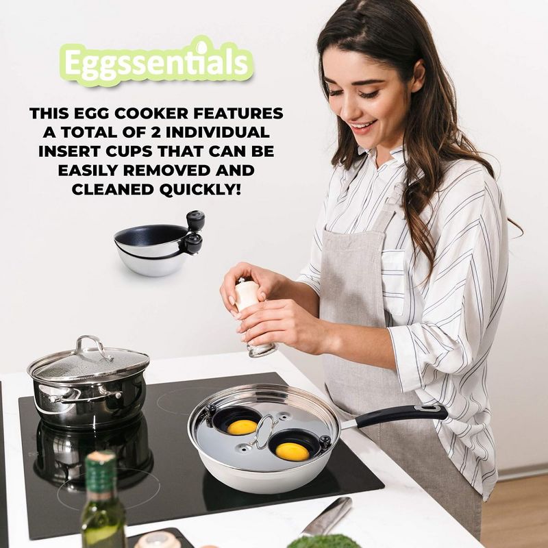 Eggssentials 2 Cup Nonstick Stainless Steel Egg Poacher Pan, Poached Egg Cooker with Spatula Included, Makes Poached Eggs Simple, Perfect for any Meal, 3 of 8