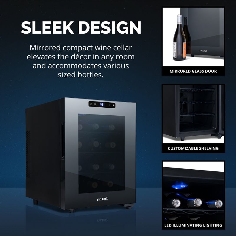 Newair Shadow-T Series Wine Cooler Refrigerator, 12 Bottle Countertop Mirrored Compact Wine Cellar, Small Freestanding Glass Door Wine Fridge, 5 of 17