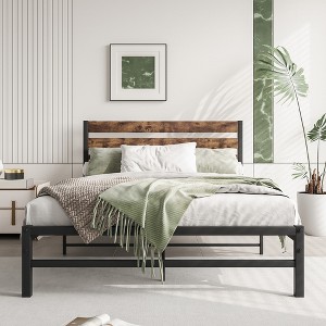SeaCamel Rustic Vintage Full Size Platform Bed - Wood Headboard, Metal Slats Support, No Box Spring, Rustic Brown - 1 of 4