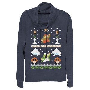 Juniors Womens Nintendo Ugly Christmas Super Mario Cowl Neck Sweatshirt - 1 of 3
