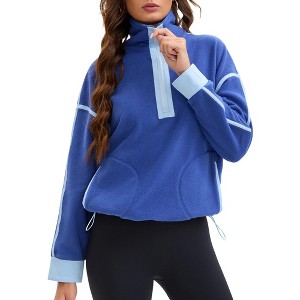 ATHLECHIC Women's Fleece Pullover Half Zip Cropped Sweatshirt Oversized with Pockets Warm Fuzzy Sweater - 1 of 4