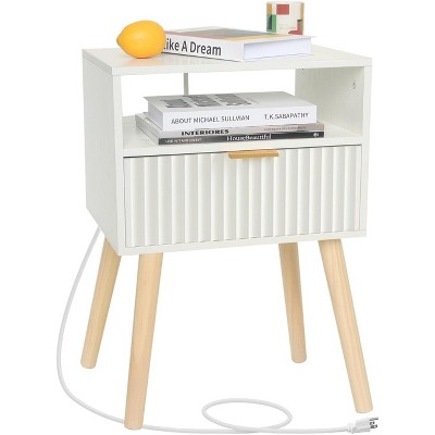 Mid Cetury Modern Nightstand with Charging Station, Fluted Bedside Table with Storage