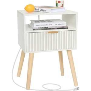 Mid Cetury Modern Nightstand with Charging Station, Fluted Bedside Table with Storage - 1 of 4