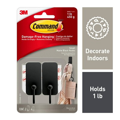 Small Matte Black Plastic and Metal Adhesive Hooks, 2-Pack
