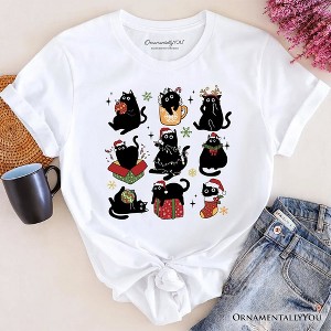 Christmas Black Cats T‑Shirt, Whimsical Cats with Santa Hat Tee White 3XL - 1 of 4
