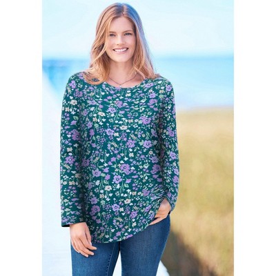 Woman Within Plus Size Perfect Printed Long-Sleeve Crewneck Tee