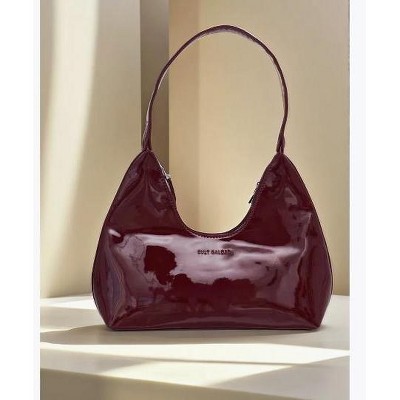Women's Shiny Patent Leather Shoulder Bag with Hobo Design in Burgundy Red