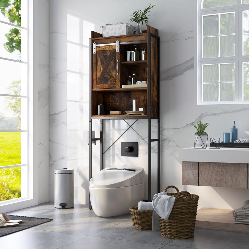 Tangkula Over The Toilet Storage Cabinet 4-Tier Bathroom Organizer w/ Adjustable Shelves Sliding Barn Door & Toilet Paper Holder Rustic Brown/Espresso, 2 of 8