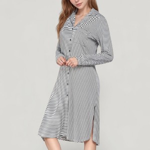 Anna-Kaci Lounge Women's Woven Stripe Long Sleeve Button Down Sleep Shirt with Lapel Collar and Curved Hem - 1 of 4