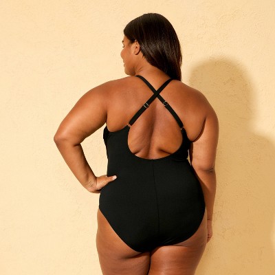 Женские купальники Shade & Shore Women's Ribbed Plunge Neck Cheeky Coverage One Piece Swimsuit - Shade & Shore™ Black M — фото 2