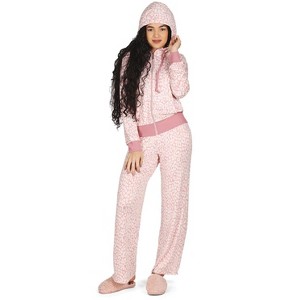 Memoi Women's Allover Leopard Print Drawstring Zippered Hoodie - 1 of 4