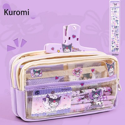 Paaaawaters Pencil Case with Transparent Design Multiple Compartments Light Purple Beige with Stickers