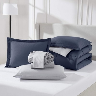 California King Navy Microfiber Reversible Bed in a Bag Set