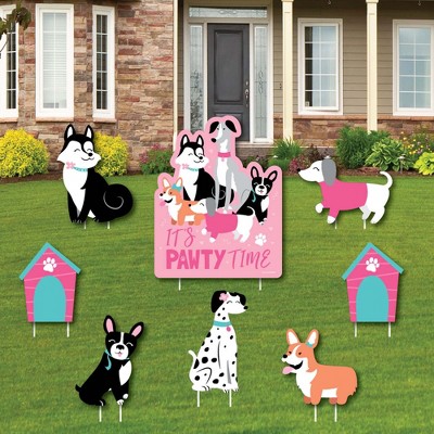 Big Dot of Happiness Pawty Like a Puppy Girl - Yard Sign and Outdoor Lawn Decorations - Pink Dog Baby Shower or Birthday Party Yard Signs - Set of 8