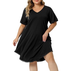 Agnes Orinda Women's Plus Size V Neck Short Sleeve Lace Trim Hem Nightgown - 1 of 4
