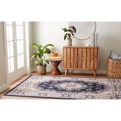 Navy Blue and Brown Synthetic Traditional Medallion Area Rug