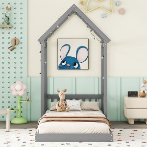 CAVINAS Twin/Full Size Bed Frame with House-Style Roof & Headboard Guardrails,Modern Floor Bed for Kids Room,Bedroom - 1 of 4