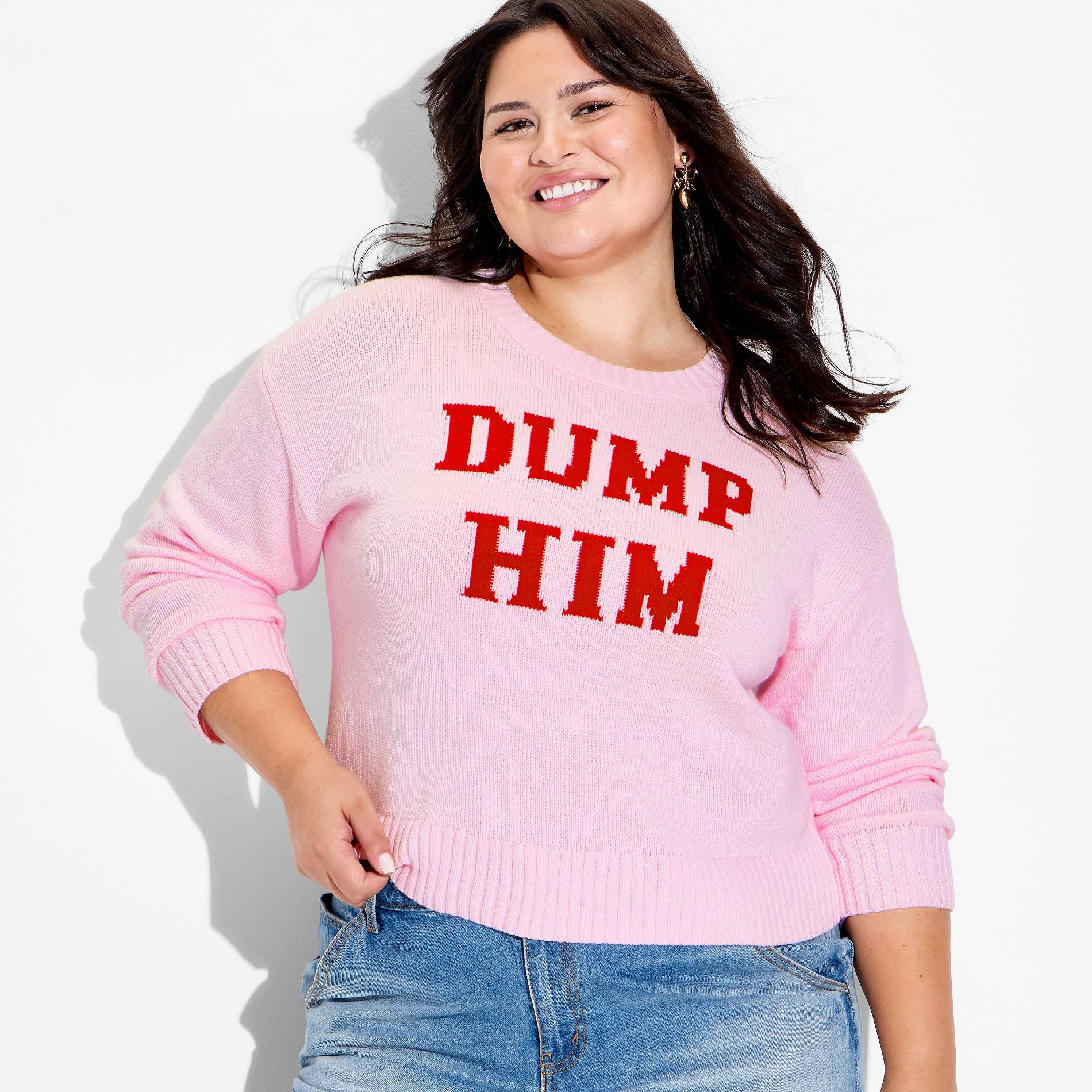 Women's Crewneck Pullover Sweater - Wild Fable™ Pink Quote 1X