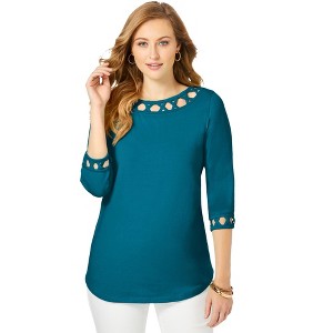 Jessica London Women's Plus Size Stretch Cotton Lattice Boatneck Tunic - 1 of 4