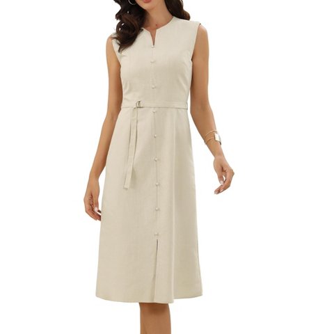 Женские платья INSPIRE CHIC Women's Linen Summer Sleeveless Crew Neck Elegant Office Dresses with Belt Small Apricot