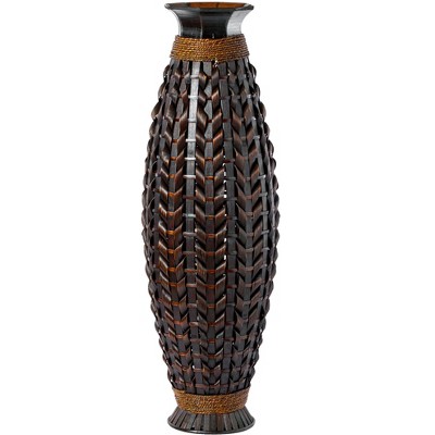 Tall Black Bamboo Floor Vase with Wicker Woven Design, 39 Inches High