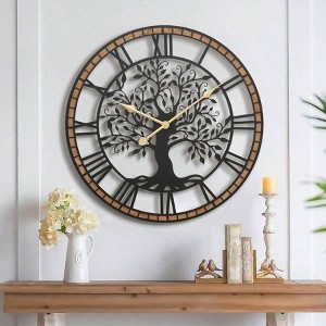 Non - Ticking Large Wall Clock 24Inch Tree of Life Metal Black with Solid Wood Frame Silent Operated Home Decor Living Room - 1 of 4