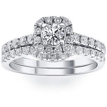 Pompeii3 1 1/4Ct Cushion Halo Diamond Engagement Matching Wedding Ring Set 14K White Gold