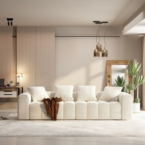 100.8"W Famapy Modern 4-Seat White Teddy Velvet Sofa with Solid Wood Base - 1 of 4
