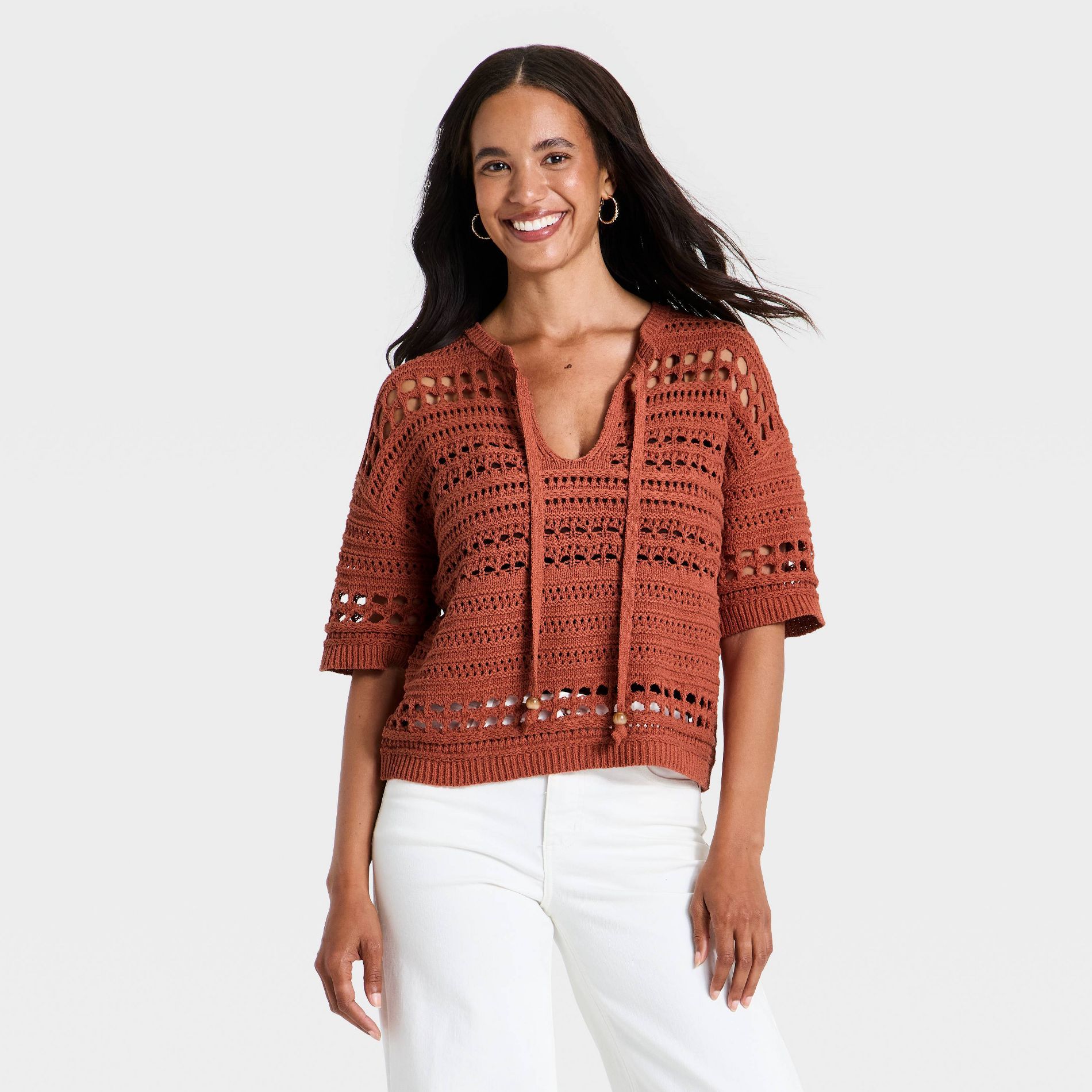 Women's Short Sleeve Keyhole Neck Pullover Sweater - Universal Thread™ Orange