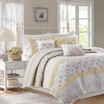 Madison Park 6pc Reversible Stella Cotton Percale with Throw Pillows Quilt Bedding Set 