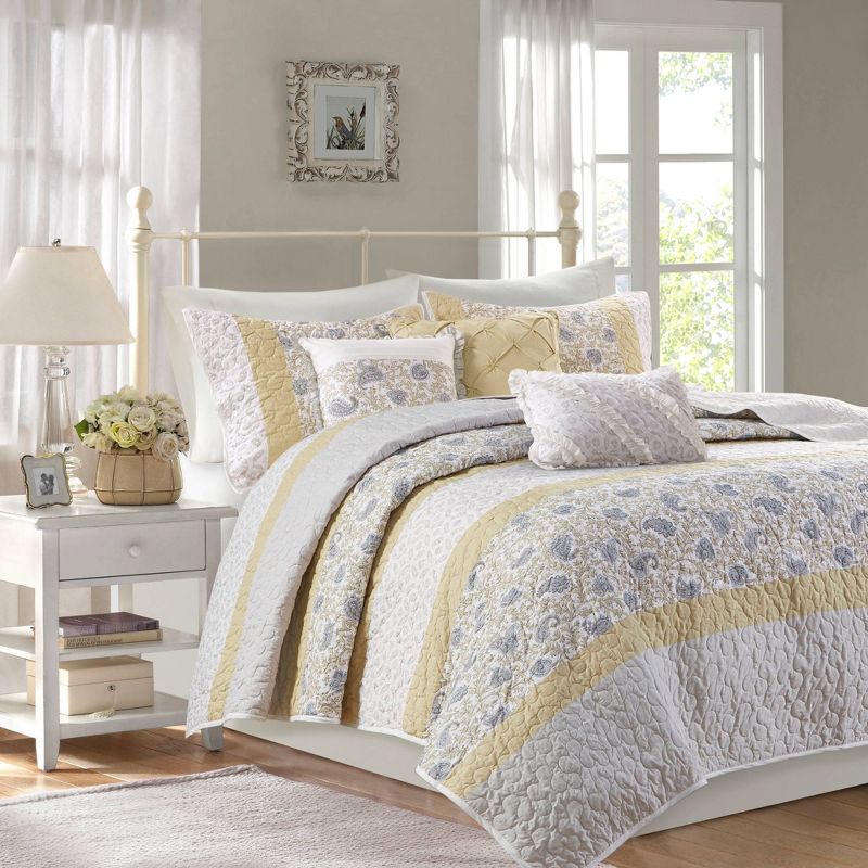 Madison Park 6pc Reversible Stella Cotton Percale with Throw Pillows Quilt Bedding Set , 1 of 13