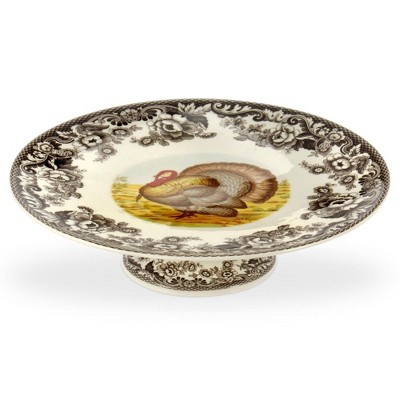 Spode Woodland Turkey Footed Cake Plate - 10.5 Inch Fine Porcelain Serveware for Thanksgiving Cakes, Pies, Sandwiches & More - Elegant Turkey