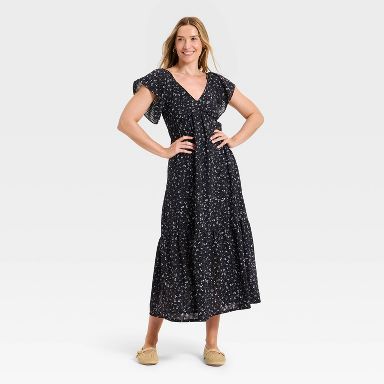 Women's Flutter Short Sleeve Floral Maxi A-Line Dress - Universal Thread™ Black XS