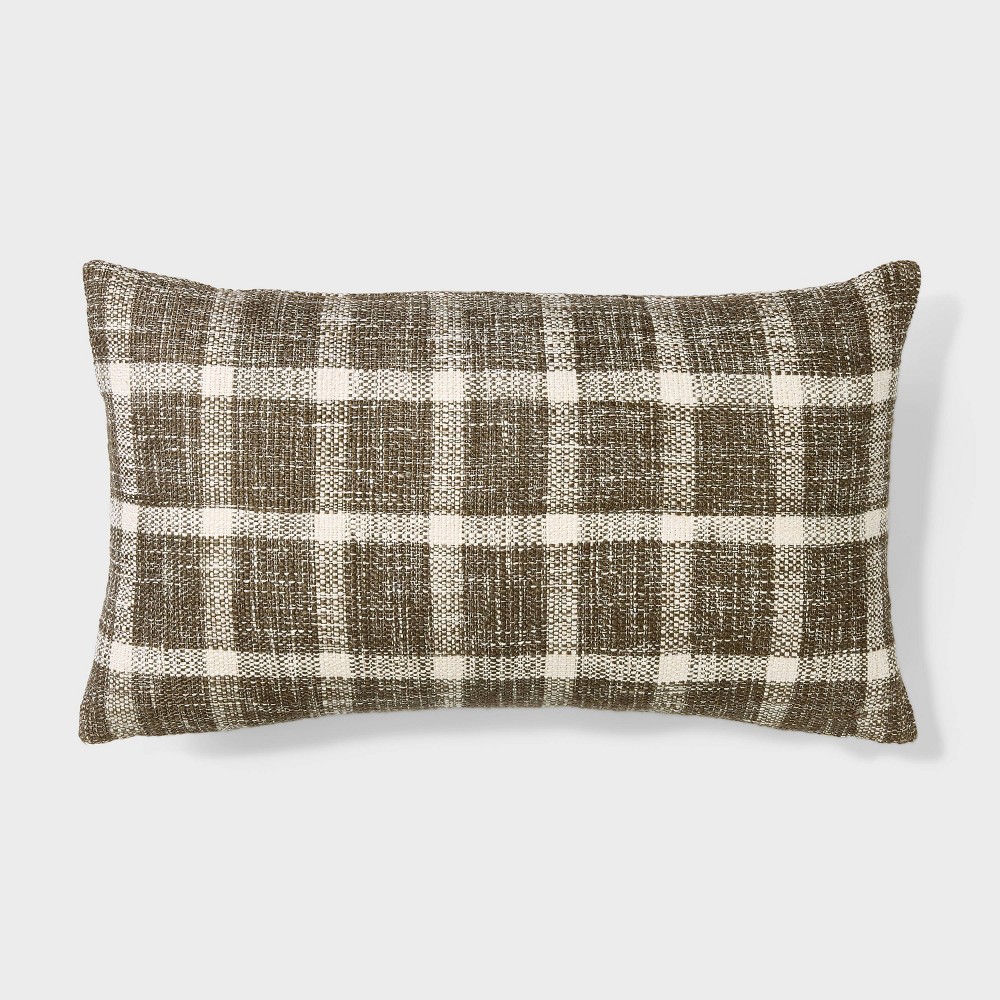 Photos - Pillow Woven Plaid with Faux Leather Zipper Lumbar Throw  Brown - Threshold