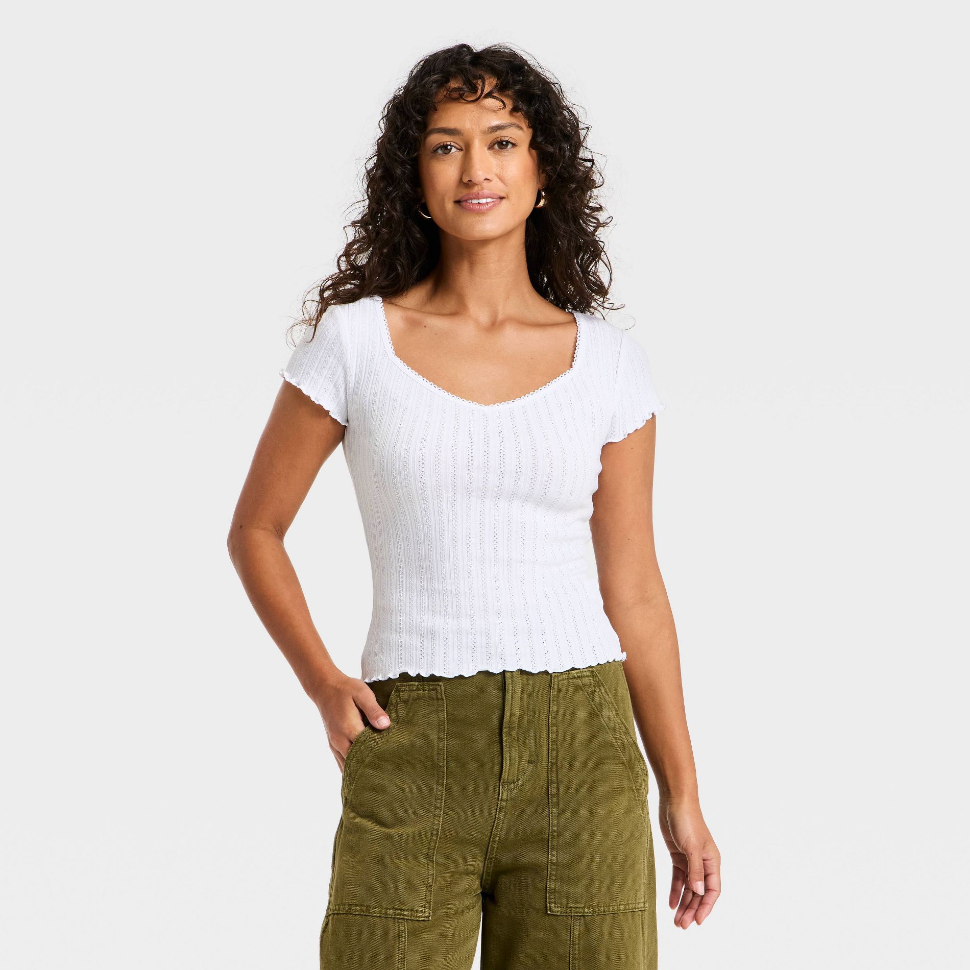 Women's Slim Fit Short Sleeve Pointelle Sweetheart Neck T-Shirt - Universal Thread™ White M