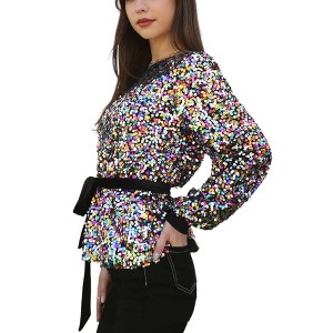Anna-Kaci Women's Sequin Party Tie Waist Sweatshirt Pullover Top - 1 of 4