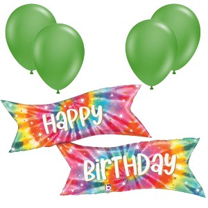 LoonBalloon 49 Inch Tie-Dye Banner Birthday Balloon with 4 latex balloons- Festive & Colorful - 1 of 3