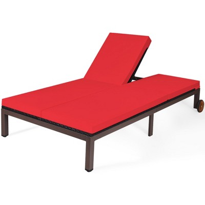 Tangkula Adjustable Patio Rattan 2 Person Recliner Lounge Chair w/ Red Cushion Wheel
