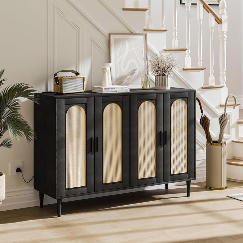 Sideboard Buffet Cabinet 4 Rattan Doors Accent Storage Cabinet With Adjustable Shelves For Living Room Target