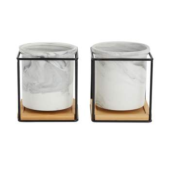 Juvale 2 Pack Small Marble Ceramic Planter Pots with Stand, Drainage Hole, and Saucer for Indoor Flower Plants, Succulents, 5 x 5 in