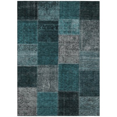 Teal Blue Aqua And Charcoal Patchwork Washable Indoor Outdoor Area Rug