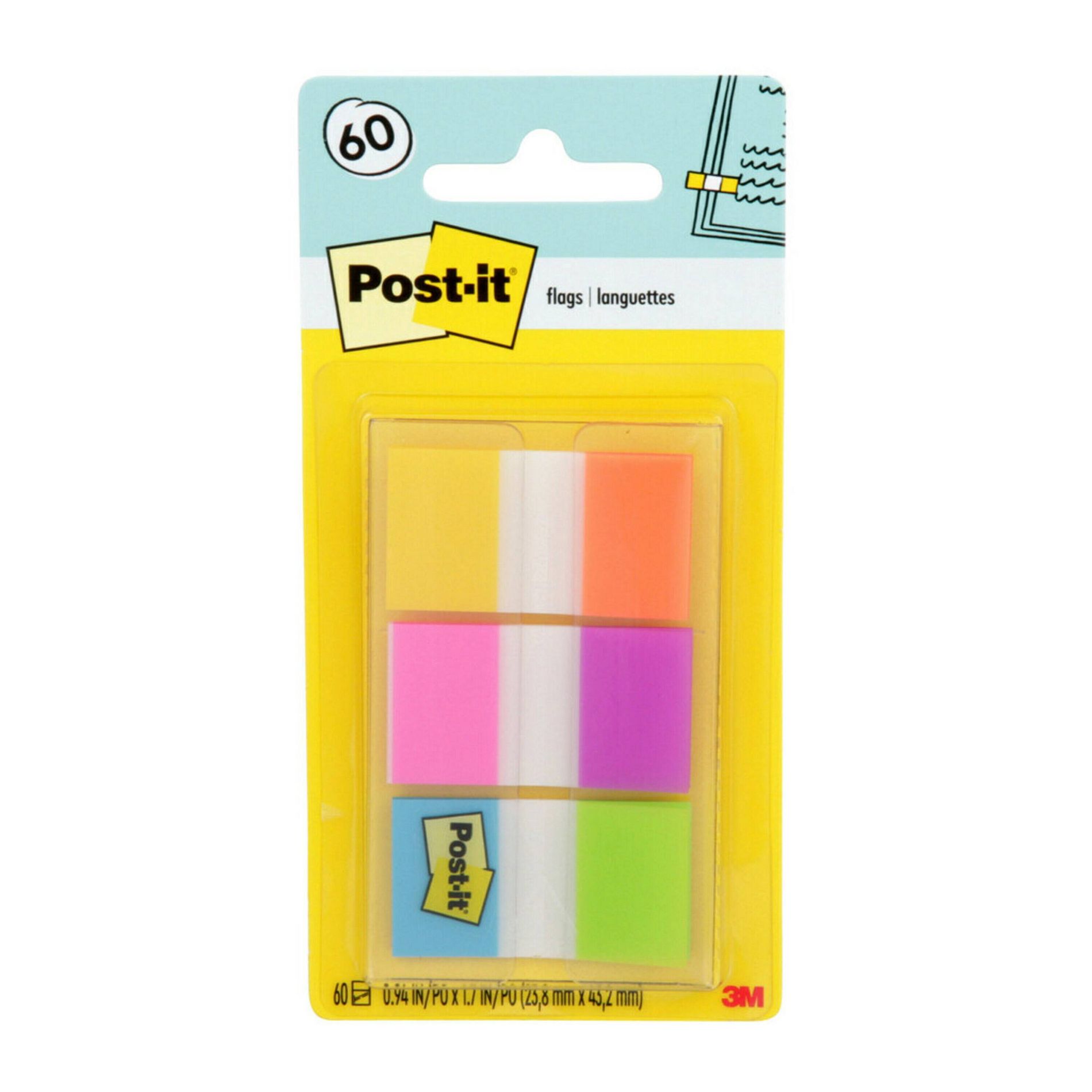 Post-it 60ct .47" Wide Flags with On-the-Go Dispenser - Electric Glow Collection: Multicolor Office Supplies, Removable File Tabs