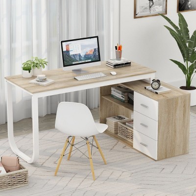 FUFU&GAGA Adjustable L Shaped Study Table Storage Drawers